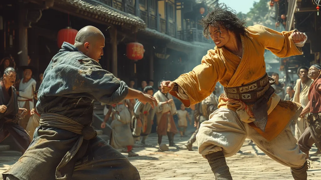 Two men in traditional Chinese clothing are engaged in a martial arts fight in a crowded marketplace. One man wears a blue robe and the other a yellow one. Both men have determined expressions on their faces as they execute a powerful strike. The background is filled with onlookers and the hustle and bustle of a busy marketplace. The scene is filled with action and excitement.