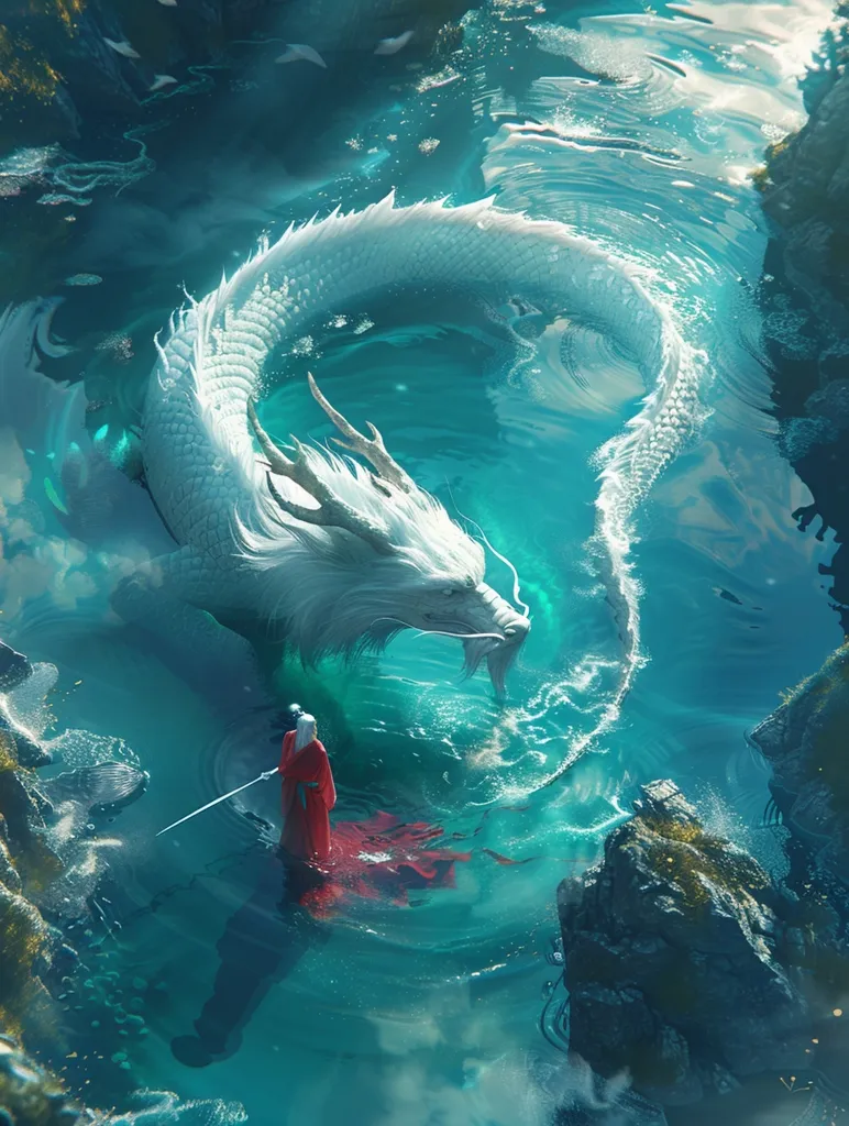 A white dragon with long, flowing scales swims in turquoise water. The dragon is curled in a circle with its head facing the viewer.  A figure in a red robe stands on a rock in the water, looking at the dragon. The scene is serene and mystical, evoking a sense of ancient magic.