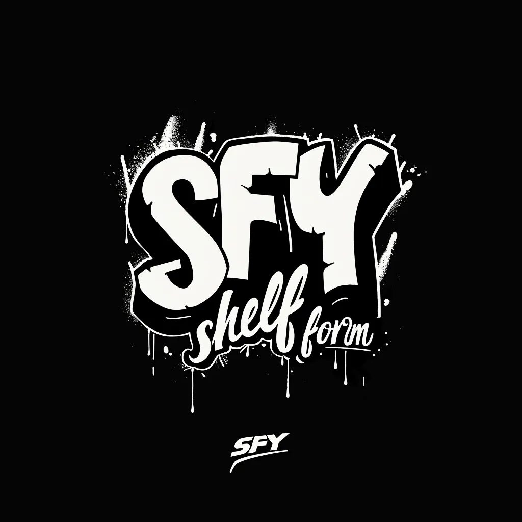 The image shows a logo in a graffiti style. The word "SFY" is written in bold, white letters with a spray paint effect. Below it, in a stylized font, are the words "shelf form". The logo is set against a black background. The overall effect is edgy and urban.