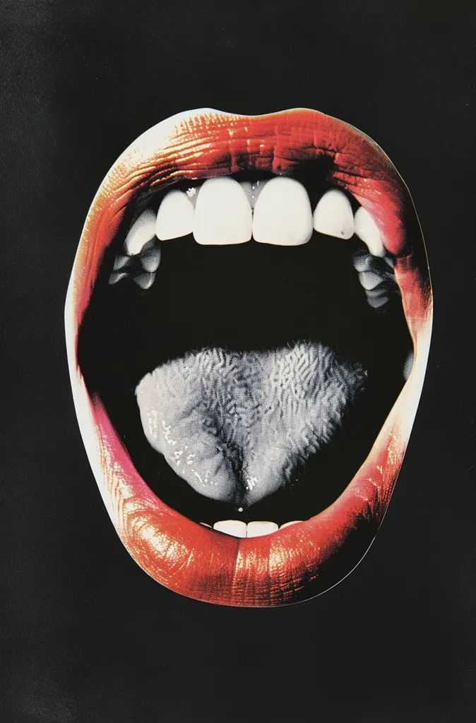 A close-up shot of a mouth with bright red lipstick, open wide in a scream.  The mouth is set against a black background.  The teeth are white and the tongue is sticking out, visible in the center of the open mouth.  The image is dramatic and suggestive of a scream or a shout.