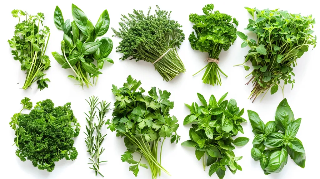 A variety of fresh herbs are arranged on a white surface. The herbs include parsley, basil, rosemary, oregano, and thyme. They are all vibrant green and look freshly picked. The image showcases the diverse flavors and aromas that these herbs bring to cooking.