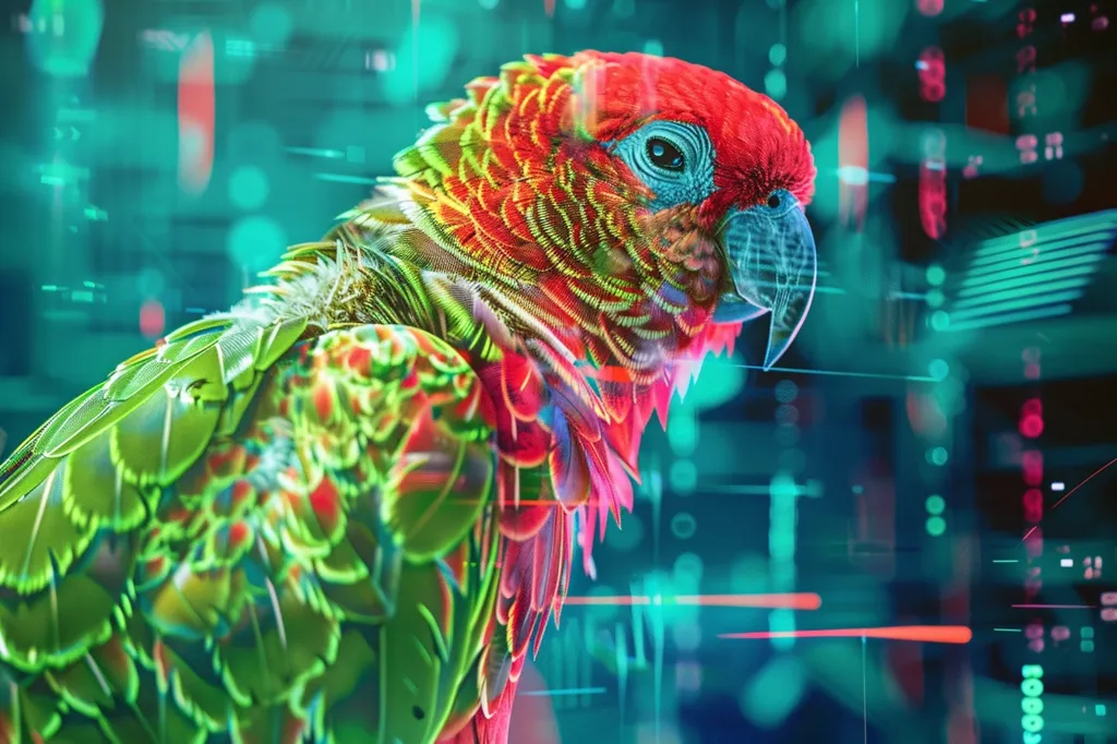 The image shows a close-up of a colorful parrot's head and neck. The parrot's feathers are vibrant green, red, and yellow, and its eye is piercing blue. The background is a blur of teal and red, with lines of code or data flowing through it. The image has a futuristic and digital feel, with the parrot seeming to emerge from the data stream.