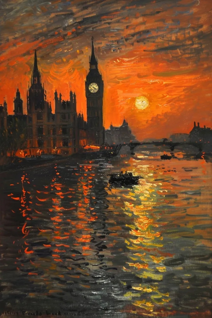 A painting of the Houses of Parliament in London, England, at sunset. The sky is a vibrant orange and red, reflecting on the water of the River Thames. The clock tower of Big Ben is prominently featured, standing tall against the fiery sky. A boat is seen on the river, adding a touch of movement to the scene. The painting captures the iconic London skyline in a beautiful and impressionistic style.