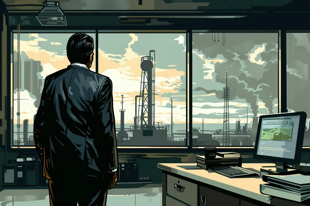 A man in a suit stands in front of a large window overlooking an industrial complex. He looks out at the smokestacks and tall buildings, with the sun setting in the distance. The scene is framed by a computer monitor on a desk in the foreground. The image evokes a sense of both industrial power and environmental concern.