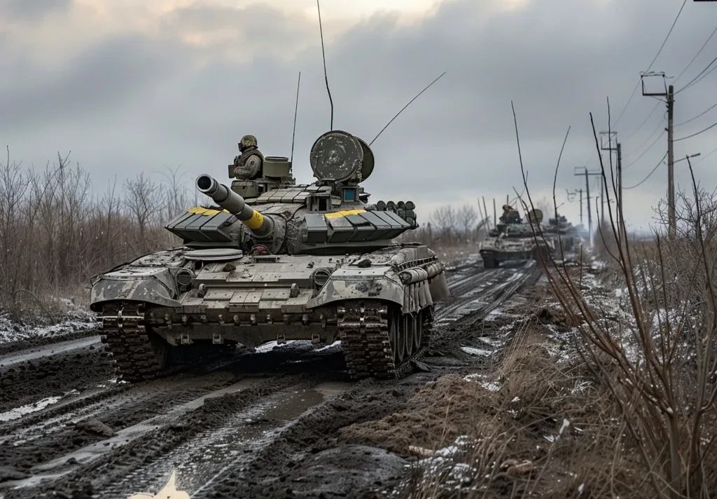 A military tank, with a soldier in the turret, drives through a muddy road. The tank is in the foreground, and other tanks can be seen in the distance. The sky is overcast, and there are power lines in the background. The tank is driving through a field with dried grass and snow on the ground.