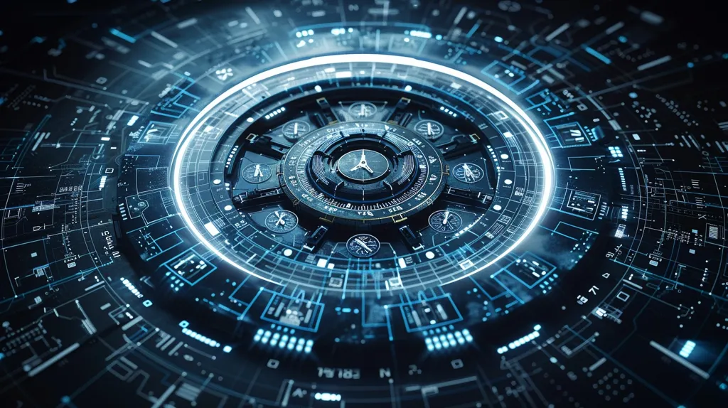 A futuristic, circular interface with a glowing, white ring and blue lines. The central hub is a complex, metallic disc with smaller dials, surrounded by a grid pattern and digital numbers.  The entire image is rendered in dark blue and black, creating a sense of depth and mystery.