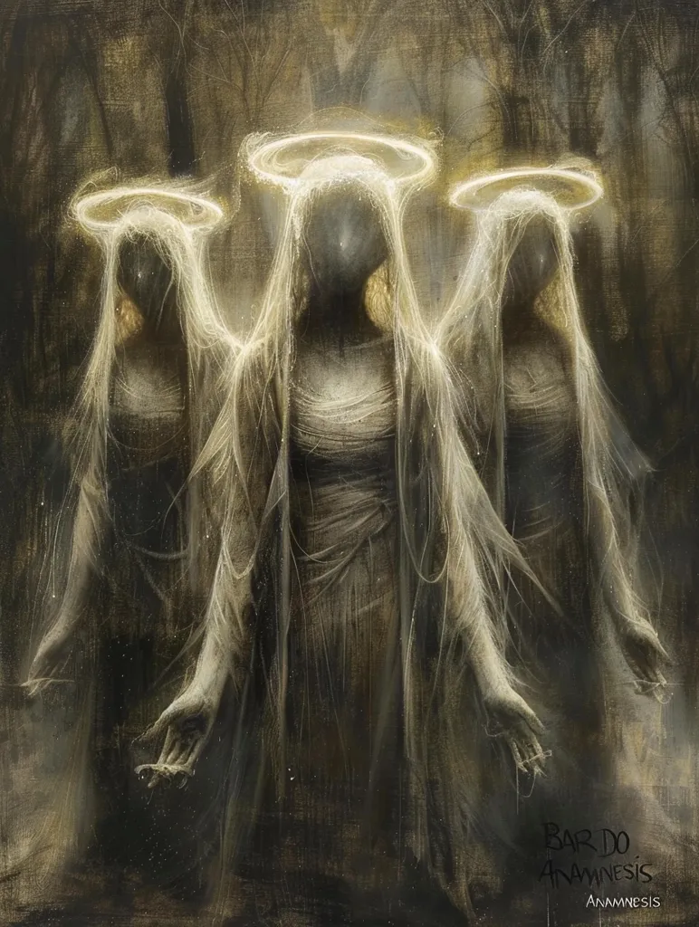 The image depicts three shadowy figures in a dark forest, with glowing halos above their heads. They are shrouded in ethereal, diaphanous garments, suggesting a spiritual or ghostly presence. Their faces are obscured, leaving their expressions and identities unknown. The overall atmosphere is mysterious and enigmatic, hinting at the unseen forces at work within the forest. The text at the bottom of the image, "Bardo Anamnesis," further emphasizes the mystical and otherworldly nature of the scene.