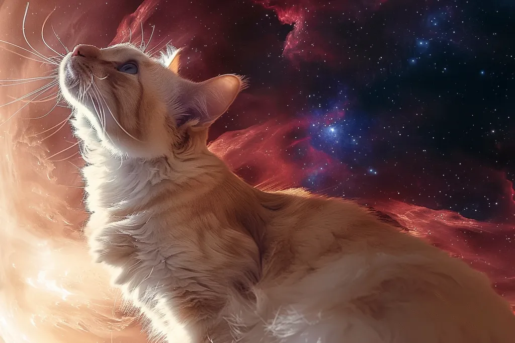 A fluffy, white and ginger cat stares up at a star-filled sky, illuminated by red and blue nebulae.  The cat's fur is soft and textured, with long whiskers. The background is a vast expanse of deep space, dotted with countless stars. The image creates a surreal and dreamlike atmosphere, blending the everyday with the celestial.