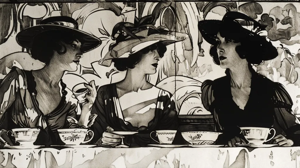 The image shows three women in hats, sitting around a table and having tea. They are dressed in elegant attire, and the image is in black and white. The setting is stylized, suggesting a 1920s or 1930s period aesthetic. Their expressions are somber and the overall mood is quiet and contemplative.