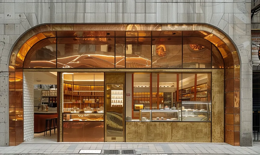 The storefront of a bakery or cafe is adorned with an arched copper-toned window, reflecting warm light and creating a sense of luxury. Inside, shelves filled with pastries and ingredients are visible, along with a counter and seating. The exterior is clad in grey tiles, adding a touch of urban modernity. The overall impression is one of warmth, quality, and inviting ambiance.
