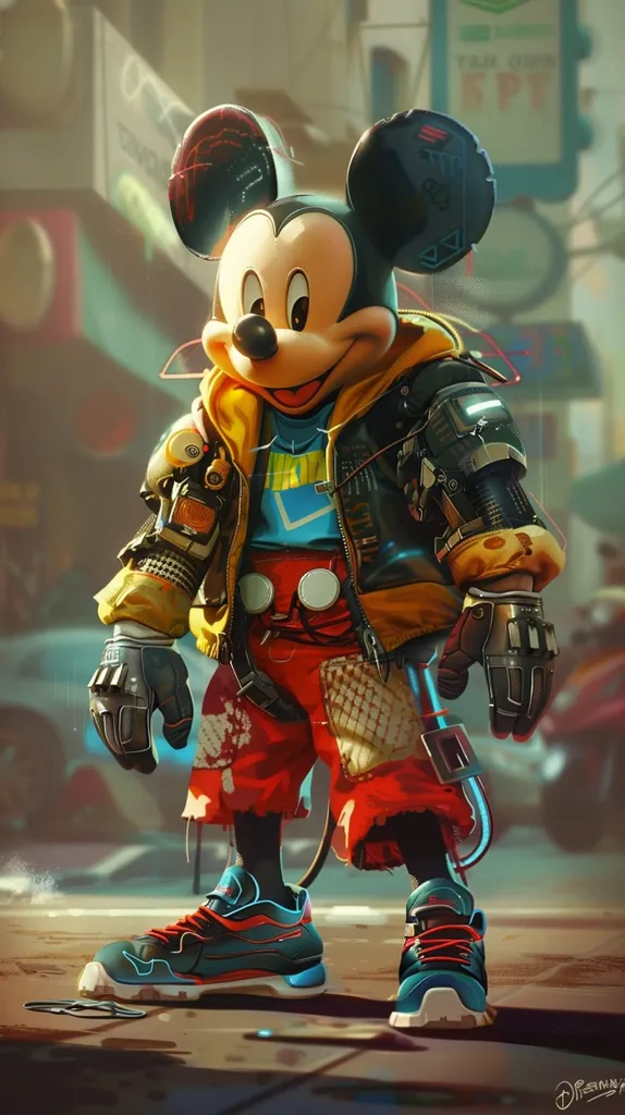 Mickey Mouse is depicted in a futuristic setting, wearing a yellow jacket, red shorts, and black gloves. He stands with a determined look on his face, his iconic ears and gloves emphasized. The scene suggests a blend of classic cartoon imagery with modern technology, creating a unique and intriguing visual.