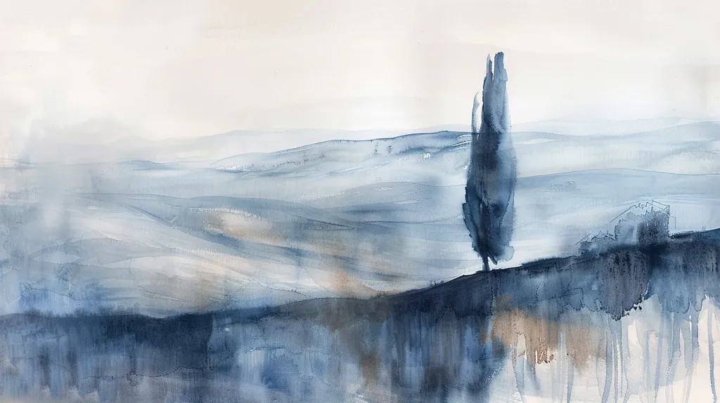 A watercolor painting depicts a serene landscape in shades of blue and gray. A tall, slender tree stands out against the misty background, and a small structure is nestled in the distance. The rolling hills fade into the hazy horizon, creating a sense of vastness and tranquility. The painting evokes a peaceful and ethereal mood.