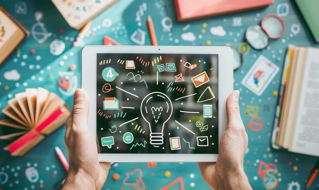 A hand holds a tablet displaying a lightbulb surrounded by colorful icons on a teal surface. The tablet is surrounded by books, a pencil, and other objects, creating a cluttered and playful atmosphere. The lightbulb symbolizes a new idea or inspiration, while the colorful icons represent different aspects of learning and creativity. The image suggests a connection between technology and the exploration of new ideas.