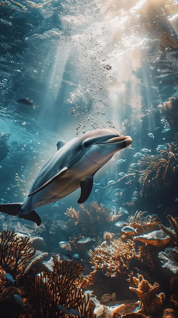 A dolphin swims through a vibrant coral reef, illuminated by the sun's rays filtering through the water. The coral is a vibrant orange and brown, contrasting with the blue hues of the water and the dolphin's sleek, grey body. Tiny bubbles drift upward, adding to the serene underwater scene. The image captures the beauty and diversity of marine life in a captivating underwater landscape.