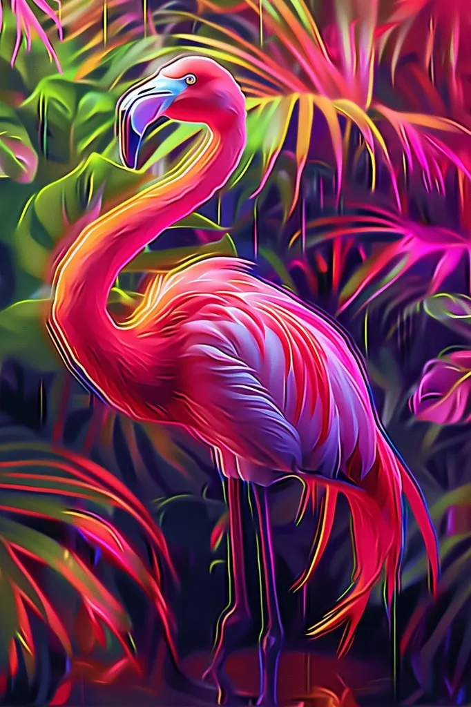 A vibrant pink flamingo stands in a lush tropical jungle. Its long, slender legs and elegant neck contrast against the vibrant green, yellow, and purple foliage. The image is rendered in a painterly style, with strokes of color creating a sense of depth and movement.  The flamingo's body is a focal point, its bright pink plumage highlighted against the dark background.