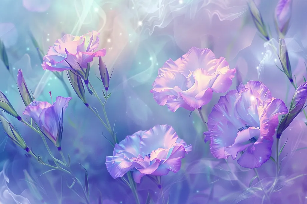 Four delicate purple flowers bloom on slender stems, their petals unfurling against a dreamy, pastel background. The soft light and ethereal haze create a magical, otherworldly ambiance, as if the flowers are floating in a dreamlike state. The image is a beautiful depiction of nature's delicate beauty.