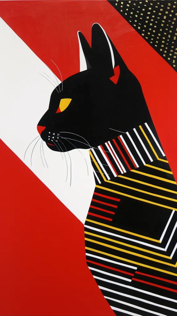 The image is a bold, abstract painting of a black cat. The cat's head is turned in profile, its yellow eye staring out at the viewer. The cat is wearing a striped sweater with black, white, red, and yellow stripes. The background is a vibrant red and white, with a small section of gold dots. The style of the painting is graphic and playful, with strong lines and contrasting colors. The overall effect is vibrant and energetic.