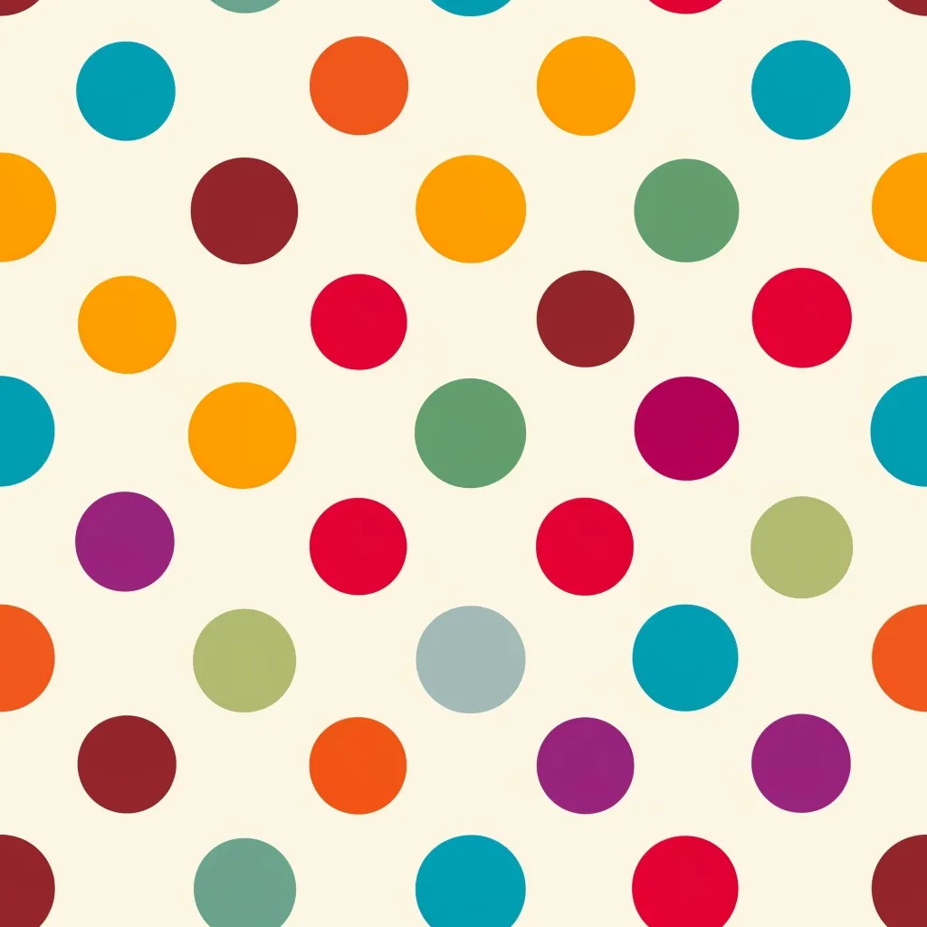 The image is a seamless pattern of colorful polka dots on a cream background. The dots are arranged in a diagonal pattern and come in a variety of colors, including red, orange, yellow, green, blue, purple, and brown. The pattern is simple and cheerful, and would be suitable for a variety of applications, such as fabric, wallpaper, or wrapping paper.