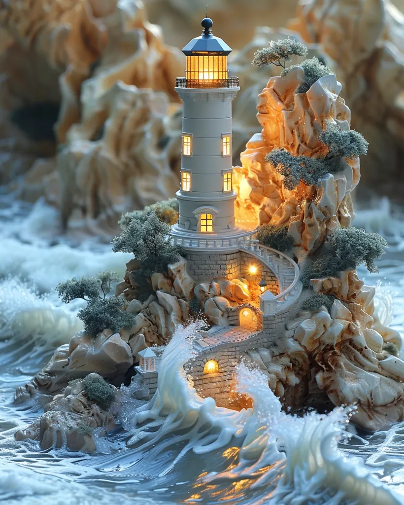 A miniature lighthouse stands tall on a rocky outcrop, surrounded by crashing waves.  The lighthouse is brightly lit, casting a warm glow over the scene. The rocks are textured and detailed, with small trees and plants growing from their crevices.  The waves are depicted in a stylized manner, with swirling white foam. The overall effect is one of tranquility and beauty.
