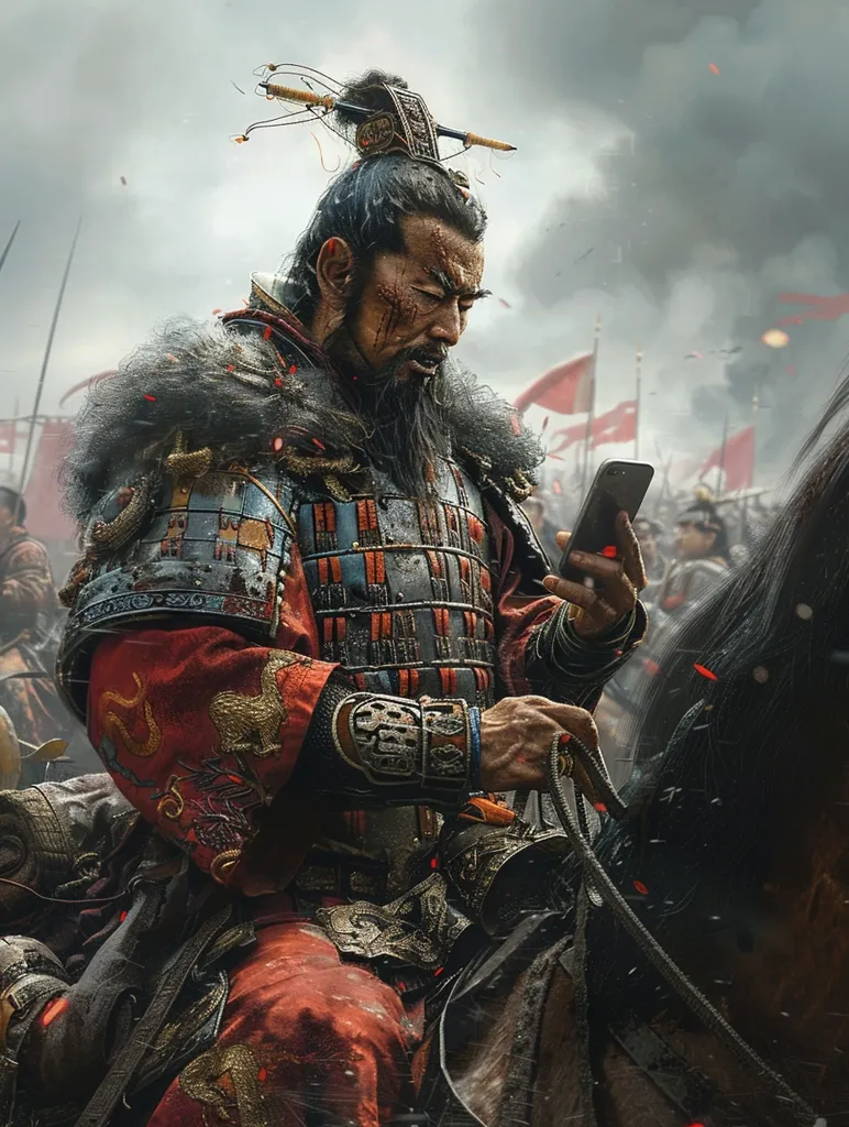 A warrior, adorned in ornate armor and a red robe, rides a horse through a battlefield. He has a stern expression, and his gaze is fixed on a smartphone he holds in his hand. Behind him, a sea of other warriors and a flurry of red flags suggest the chaos of battle. The scene is a humorous juxtaposition of ancient and modern, with the warrior seemingly unconcerned by the surrounding chaos, focused on his digital device.