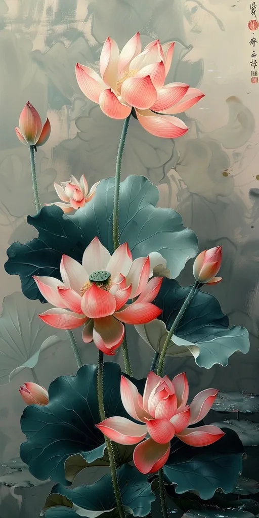 The painting depicts a cluster of pink lotus flowers emerging from large, green leaves. The flowers are in various stages of bloom, some fully open, others in bud. The background is a soft, gray-green, creating a serene and delicate atmosphere. The painting evokes a sense of tranquility and beauty, symbolizing purity and enlightenment.
