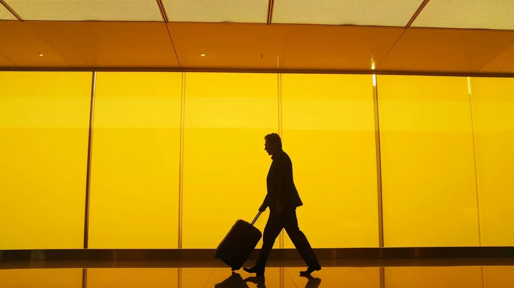 A silhouette of a man walking with a suitcase is captured in front of a bright yellow wall. The man is dressed in a suit and walking towards the right side of the image. The yellow wall has a grid pattern that suggests it is made of glass panels. The image is minimalist and creates a sense of movement and purpose.