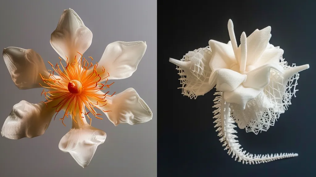 The image shows two 3D-printed flowers, one in a natural, realistic style and the other in a more abstract, skeletal style. The real flower has delicate white petals and a vibrant orange center, while the 3D-printed one is completely white and has a long, skeletal tail. The flowers are both beautiful and intricate, showcasing the possibilities of 3D printing.