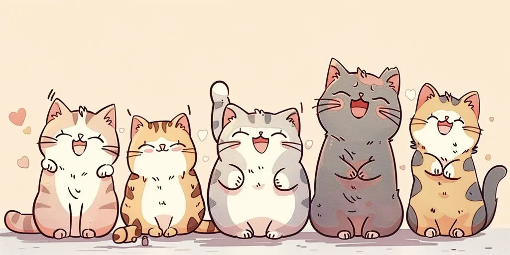 Five cartoon cats are sitting in a row on a peach-colored background. They are all smiling with their mouths open and their eyes closed. They are wearing different colored fur and have different patterns. There are small hearts floating around them, suggesting they are happy and in love. The image is simple and cute, perfect for a children's book or a card.