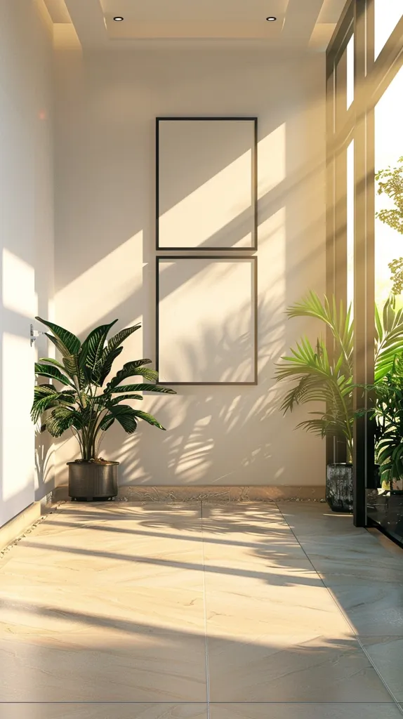 The image shows a bright and airy hallway with beige tiled floors. Sunlight streams through a large window, casting long shadows on the wall. Two framed, blank canvases hang on the wall, adding a minimalist touch. A potted plant stands in the corner, its green leaves adding a touch of life to the space. The hallway is clean and minimalist, with a sense of tranquility and serenity.
