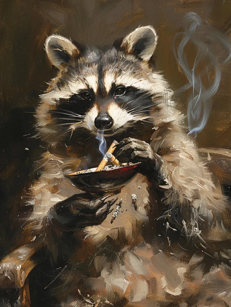 A raccoon is depicted in a painting, sitting in a chair and smoking a cigarette. It is holding an ashtray with a cigarette butt in its paws. The raccoon's fur is a mix of black, white, and gray. Smoke is coming from the cigarette, and there are several other cigarette butts in the ashtray. The background of the painting is a dark brown color. The raccoon's facial expression is nonchalant.  The overall tone of the painting is humorous and slightly satirical.