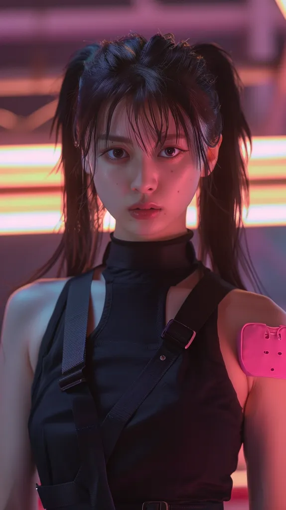 A young woman with long black hair tied in two pigtails stares directly at the camera. She is wearing a black, sleeveless top with a high neckline and a strap across one shoulder. She has a serious expression and her eyes are dark and intense. She is standing in front of a background of pink and orange neon lights.