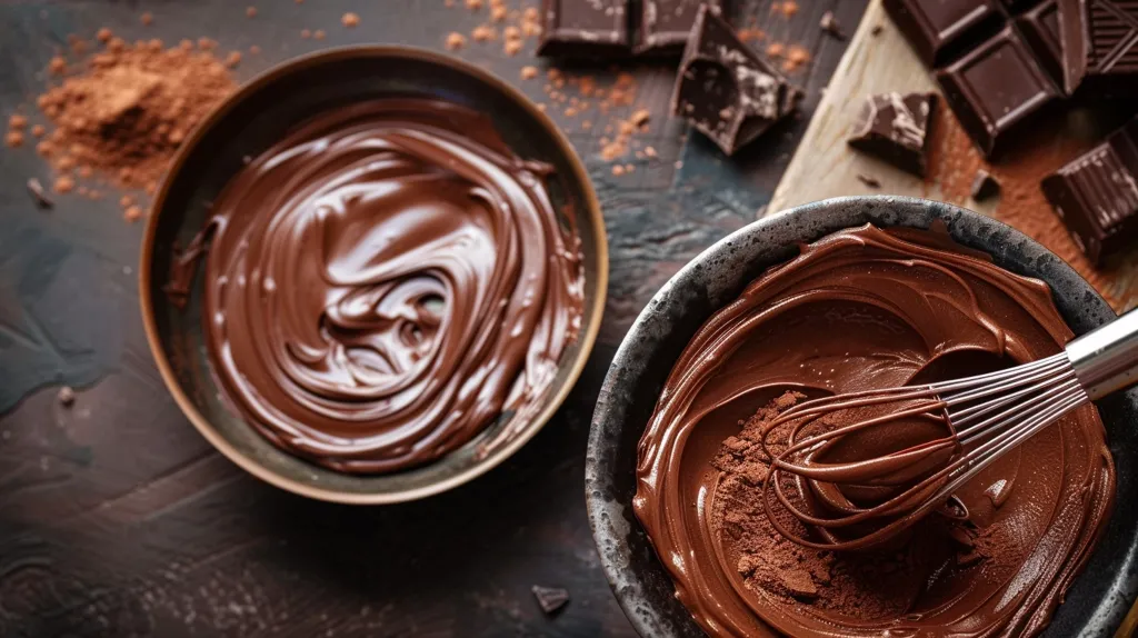 Two bowls of melted chocolate sit on a dark background, surrounded by pieces of chocolate and cocoa powder. A whisk sits in the right bowl, partially submerged in the chocolate. The image is a close-up, capturing the smooth texture of the melted chocolate and the rich, dark colors of the ingredients.