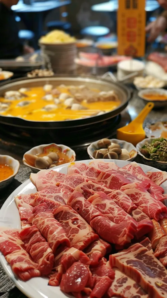 A close-up shot of a plate piled high with thinly sliced raw meat, likely for a hot pot or barbecue. Other dishes in the background include a bowl of shellfish, a bowl of mushrooms, and a pot of orange-colored broth. The scene suggests a lively dining experience with a focus on Asian cuisine.