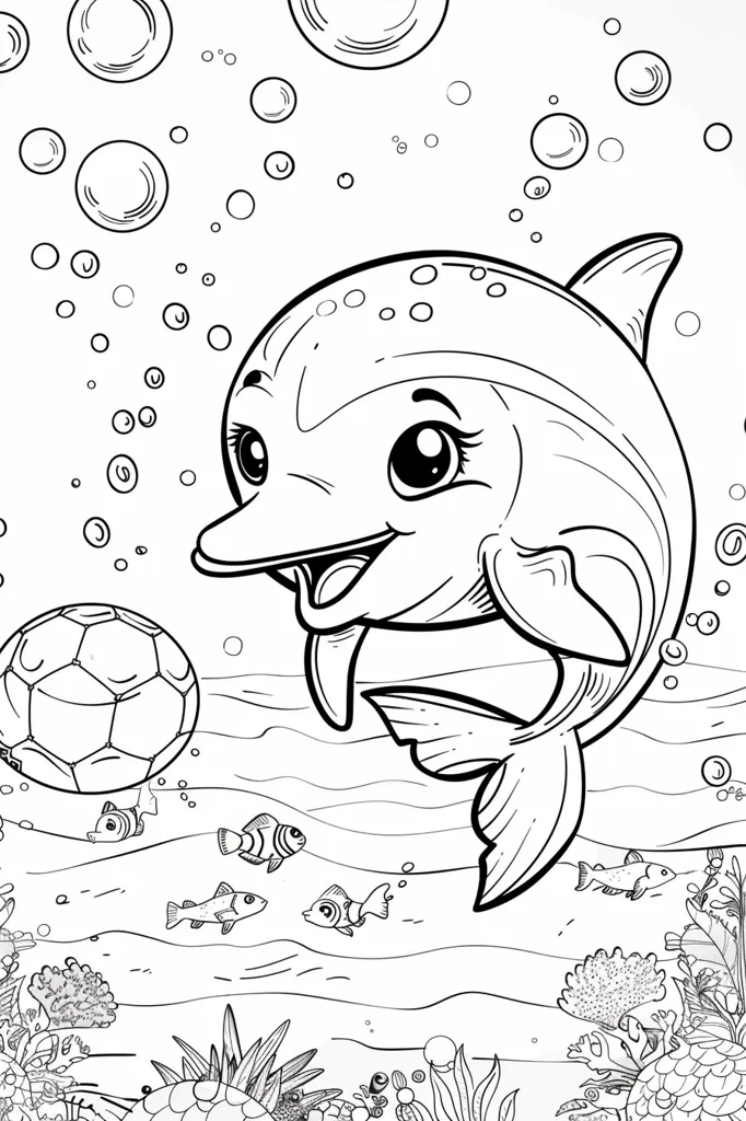 A black and white drawing of a happy dolphin swimming through the ocean. The dolphin has big eyes and a wide smile, and it is surrounded by bubbles and other sea creatures. A soccer ball is floating above the dolphin, and there are coral reefs in the background. The image is simple and playful, perfect for coloring.