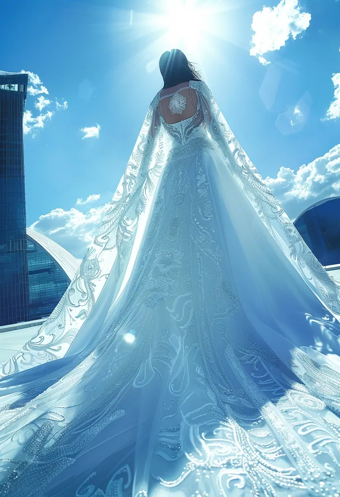 A bride in a flowing white gown with intricate lace detailing stands on a rooftop with a tall building and a blue sky in the background. The sun is shining brightly, casting a warm glow on the scene. The bride's long veil flows behind her, creating a dramatic and romantic effect.  The image captures the beauty and joy of a wedding day.