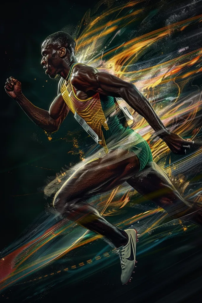 The image features a male athlete in mid-stride, his body a blur of motion against a background of swirling streaks of golden light and dust. He is wearing a green and yellow jersey and black shorts, and a determined expression is etched on his face. The dynamic composition captures the intense energy and power of a runner pushing their limits.  The lighting is dramatic and adds to the sense of speed and movement.  The athlete's focus and the blurred background create a sense of motion and power, highlighting the energy and determination of the athlete.