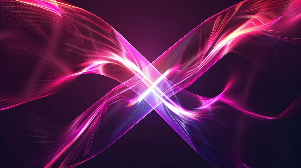 The image features two abstract, flowing, neon-like shapes that intersect in the center, forming an "X". The shapes are a vibrant, bright pink and a soft, glowing white, set against a dark purple background. They create a dynamic and energetic visual with a sense of movement and energy.