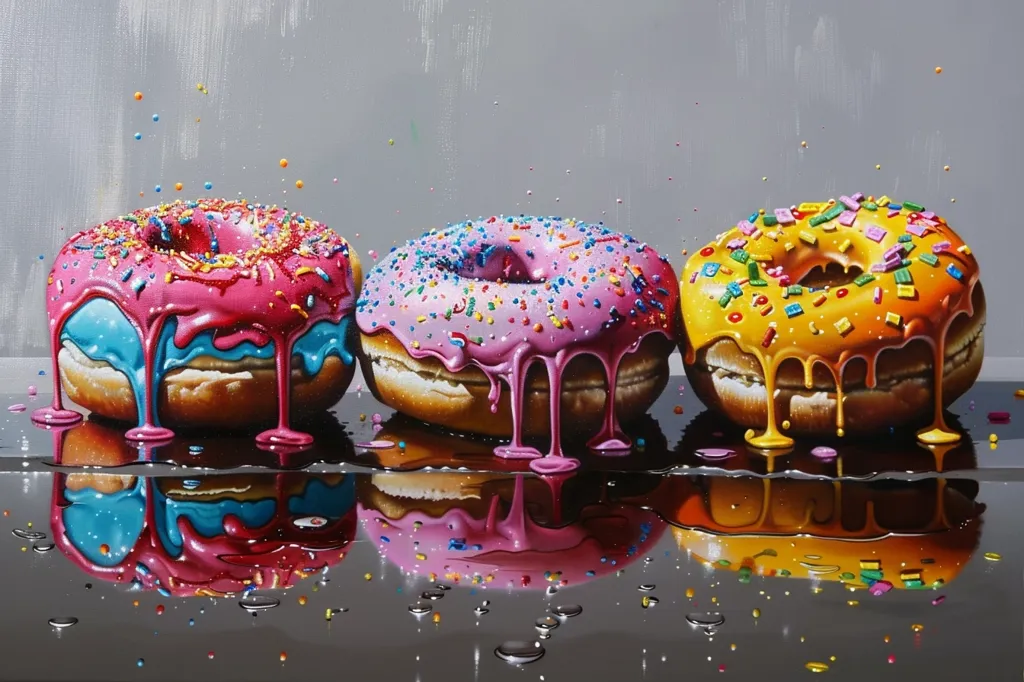 Three glazed donuts, each with different colored frosting and sprinkles, are lined up in a row on a reflective surface. The donuts are covered in brightly colored sprinkles and have melted frosting dripping down their sides. The reflection of the donuts can be seen in the surface below, creating a symmetrical composition. The image is a playful and colorful representation of a sweet treat.