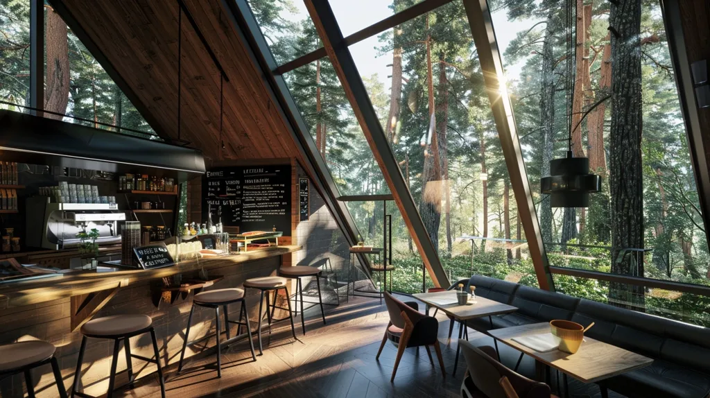 A cozy cafe with wooden beams and large windows overlooking a forest. Sunlight streams through the windows, illuminating the wooden floor and tables. A counter with a coffee machine is visible, and black stools line the counter. Comfortable booths are tucked against the windows, offering a view of the lush greenery outside. The cafe has a rustic and inviting atmosphere.