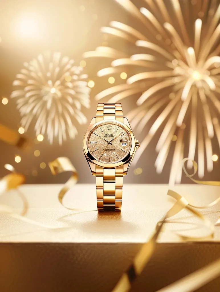 A luxurious gold Rolex watch sits on a golden surface, with sparkling gold fireworks blurred in the background. The watch face features a glittering gold dial and a date window at 3 o'clock.  The scene evokes a celebratory and opulent atmosphere, with the gold accents adding to the sense of luxury and grandeur.