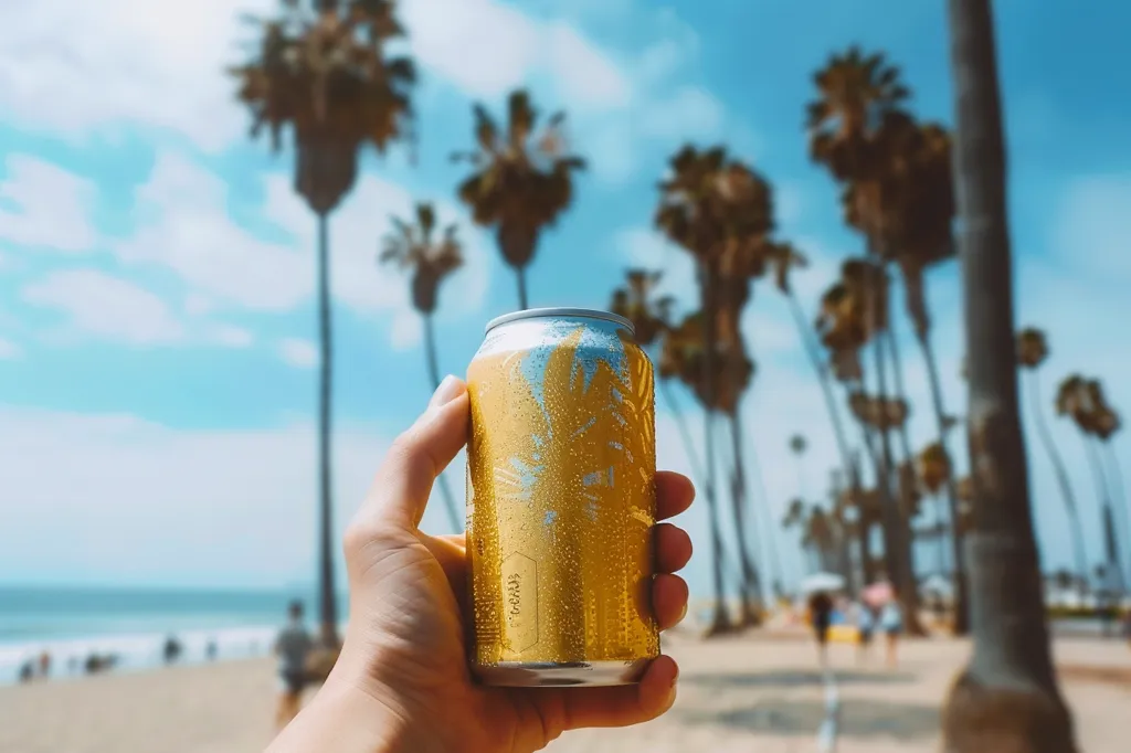 A hand holds a can of beer in front of a beach scene. The can is gold with a white label. In the background, palm trees sway gently in the breeze. The ocean is visible in the distance, and the sand is white. The scene is bright and sunny.