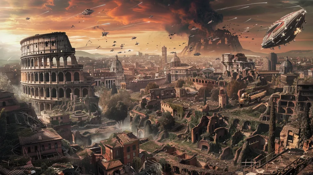 The image depicts a futuristic scene of a ruined ancient city, possibly Rome. The Colosseum stands partially intact, surrounded by overgrown vegetation and crumbling buildings. In the sky, numerous flying vehicles zoom past a large spacecraft, suggesting a post-apocalyptic or alien invasion scenario. The scene evokes a sense of wonder and mystery, hinting at a lost civilization and a future filled with both danger and opportunity.