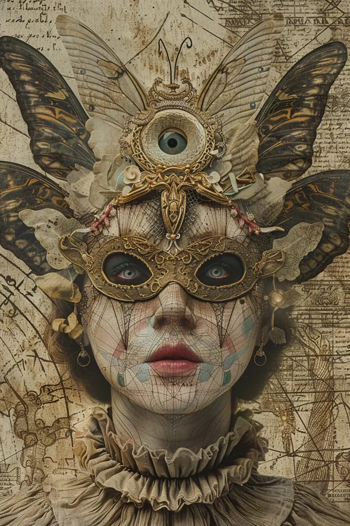The image depicts a woman wearing a golden mask and a crown adorned with butterfly wings and an all-seeing eye. She has a pale, painted face and intricate geometric patterns on her skin. The background is a faded, antique map with handwritten script and diagrams, creating a mysterious and ethereal atmosphere. The artwork evokes a sense of secrecy, power, and the passage of time.