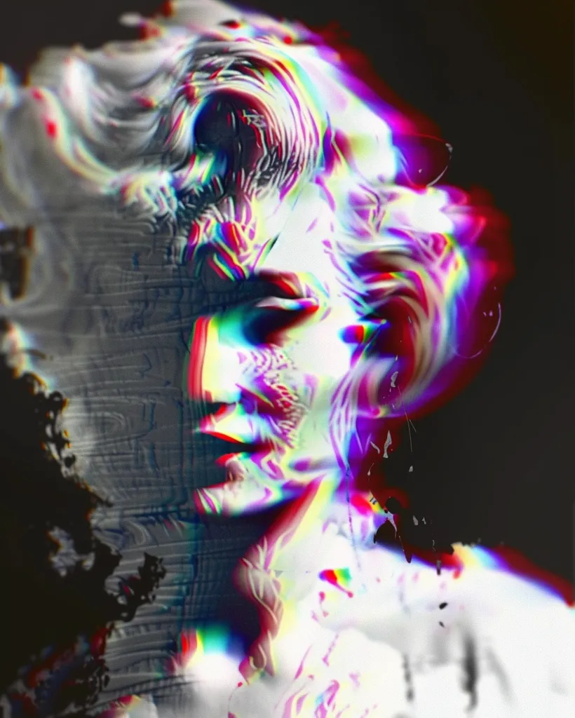 The image is a close-up of a woman's face. It is distorted and glitched, with vibrant colors and a psychedelic effect. The background is dark and blurred, creating a sense of mystery and intrigue. The woman's expression is ambiguous, making it difficult to interpret her emotions. The overall effect is surreal and dreamlike.