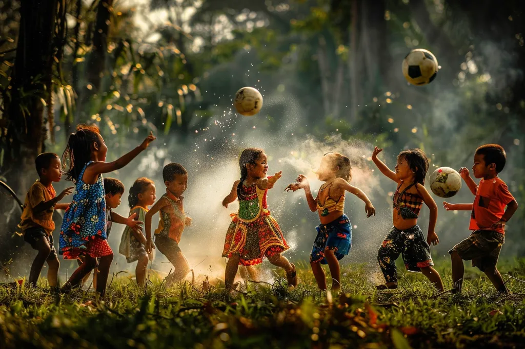 A group of children play soccer in a lush green field. Sunlight streams through the trees as they run and kick the ball, their faces full of joy and energy. The children are dressed in bright, colorful clothes, adding a vibrant touch to the scene. The image captures the carefree spirit of childhood and the simple pleasures of playing outdoors.