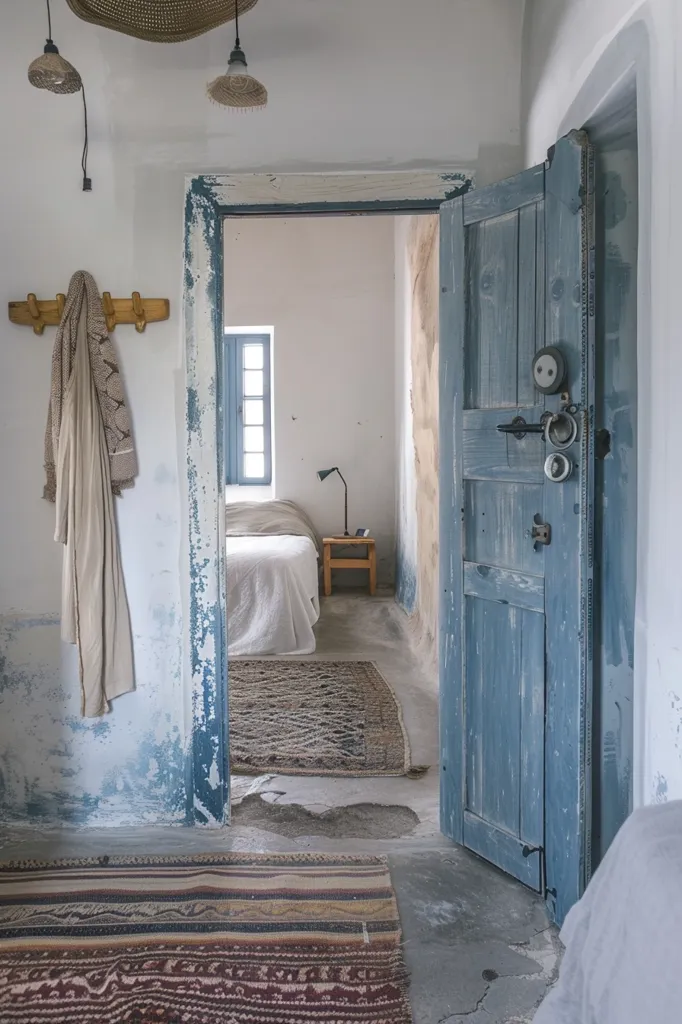 A rustic doorway with a blue painted wooden door is open revealing a room with a simple bed and a rug on the floor.  The room has a window with white shutters and a lamp on a small table. There is a wooden hook on the wall with a beige towel hanging on it. The room is painted in white with chipped paint on the walls, giving it a worn and weathered look.  The floor is a mix of concrete and tile with a patterned rug.  The overall effect is one of simple, rustic charm.