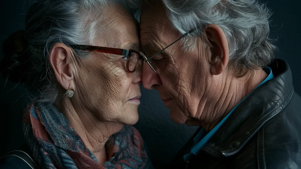 An elderly couple, likely husband and wife, are shown in close proximity, their foreheads touching. They are both wearing glasses, and the woman has a small earring. The woman is wearing a scarf and the man a leather jacket. The image is dark and intimate, suggesting a deep connection between them.  The focus is on their faces, highlighting their weathered skin and the tenderness of their expression.