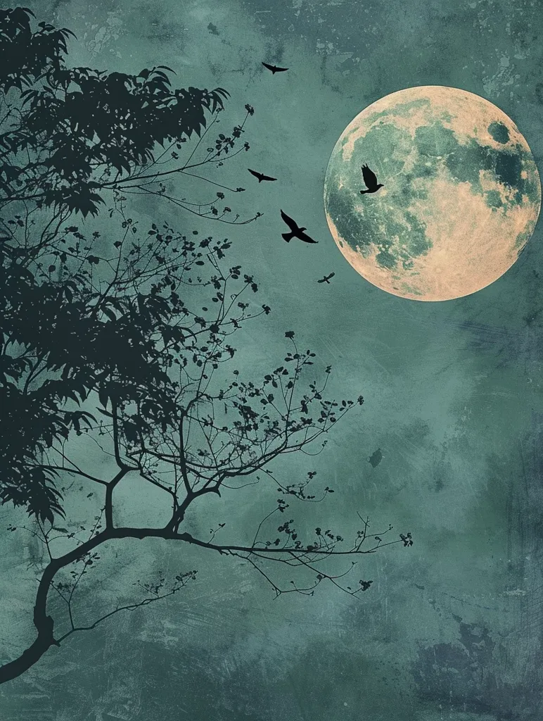 A large, full moon hangs in a dusky blue sky, illuminated by pale, warm light. A single branch of a tree extends across the image in silhouette, with several birds flying across the sky. The scene evokes a sense of peace and tranquility.