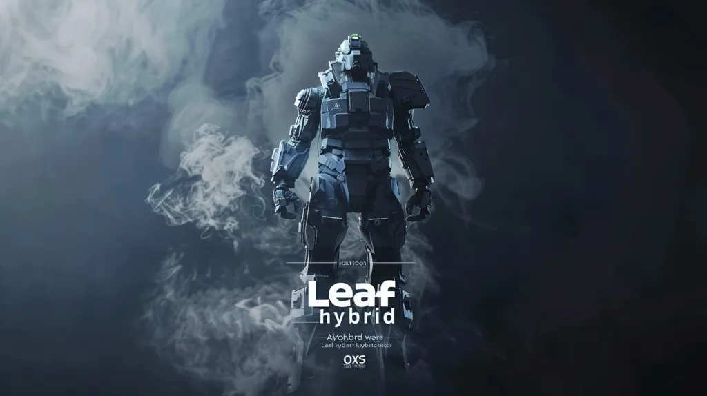 A futuristic robot stands in front of a dark background with smoke rising around it. It is a dark, grey, and blue colour with various gears and other mechanisms visible. The robot's design is angular and sleek, giving it a threatening appearance. The background is dark, with wisps of white smoke obscuring the robot's lower body.  The image is dominated by the robot, which stands out in the dark and smoky environment. Text on the bottom of the image refers to "Leaf Hybrid."