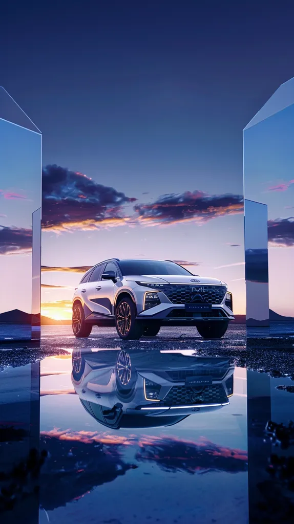 A sleek, silver SUV sits between two mirrored pillars reflecting the sunset sky. The vehicle, possibly a Hyundai Santa Fe, is parked on a paved surface, its reflection distorted by a puddle of water. The scene is minimalist, focusing on the car and its reflection against the backdrop of a blue and purple sky.